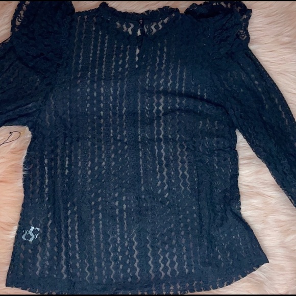 Black Sheer Crochet Mock Neck Long Sleeve Blouse - Picture 6 of 6